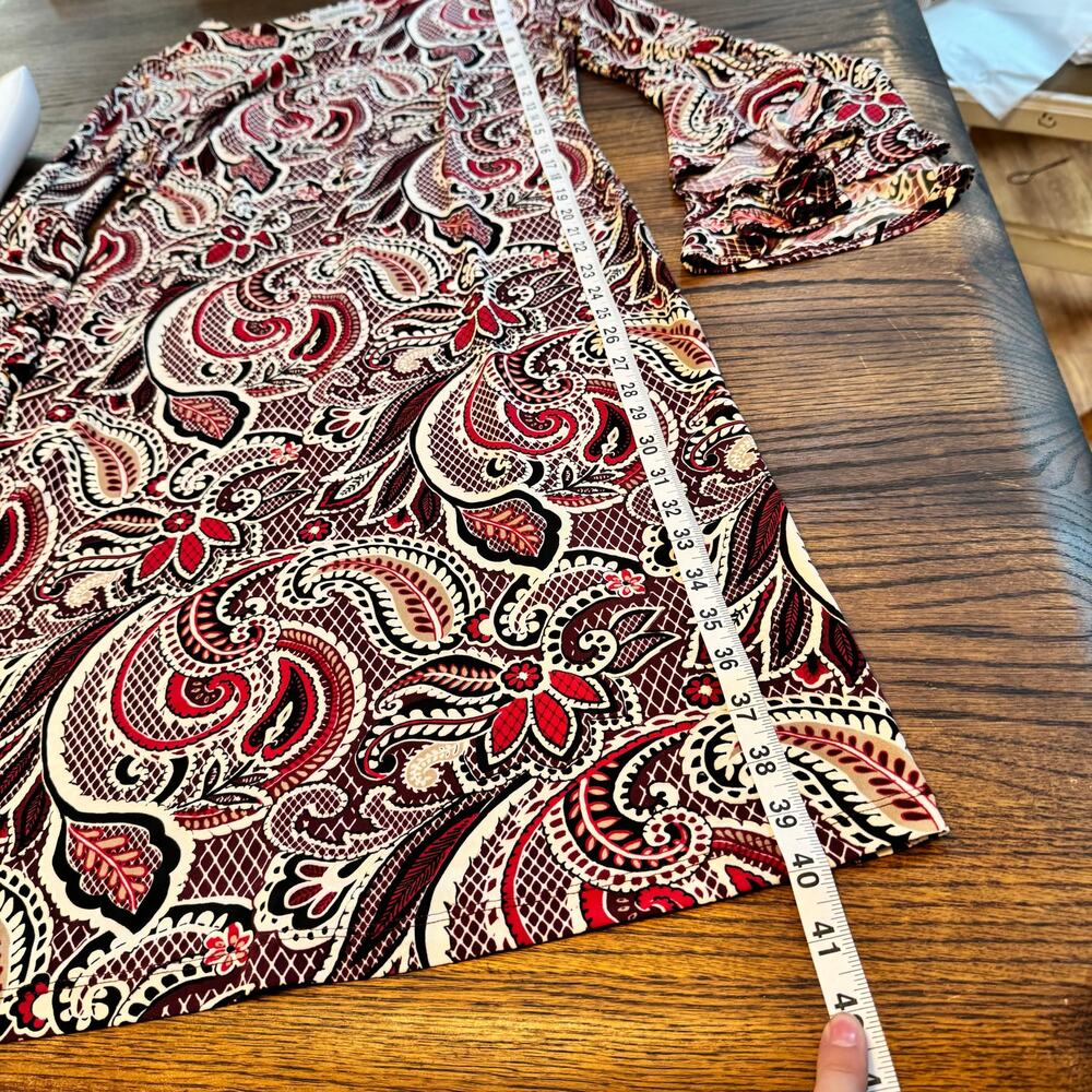 Shelby & Palmer Paisley Bell Sleeve Dress Size 10 Stretch Knit Boho Mod Retro - Picture 9 of 13